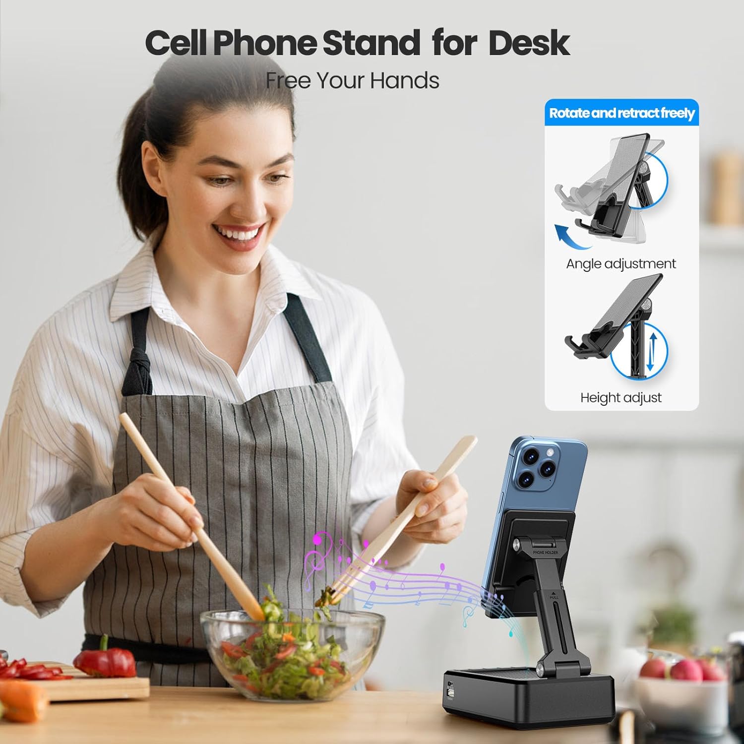 Cell Phone Stand with Bluetooth Speaker,HD Sound Adjustable Phone Holder,Birthday Gifts for Men Women, Cool Tech Kitchen Gadgets for Most Phones and Tablets-Black