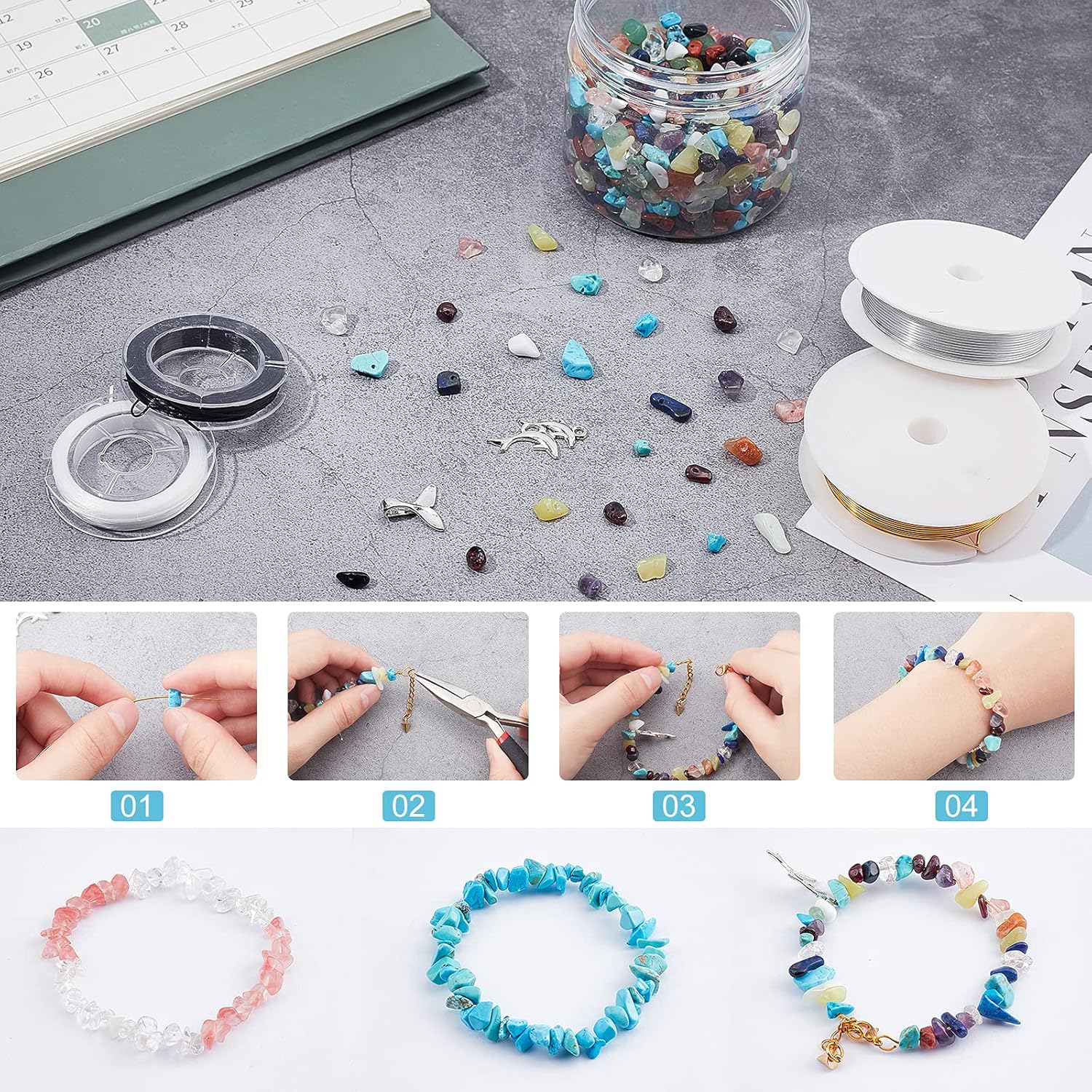 DIY Stretch Bracelets and Wire Wrapped Pendants Making Kits Including Gemstone Chip Beads Aluminum Wire Elastic Beading Thread 3~8x4~8mm Hole: 1mm 15materials 15g/material 225g