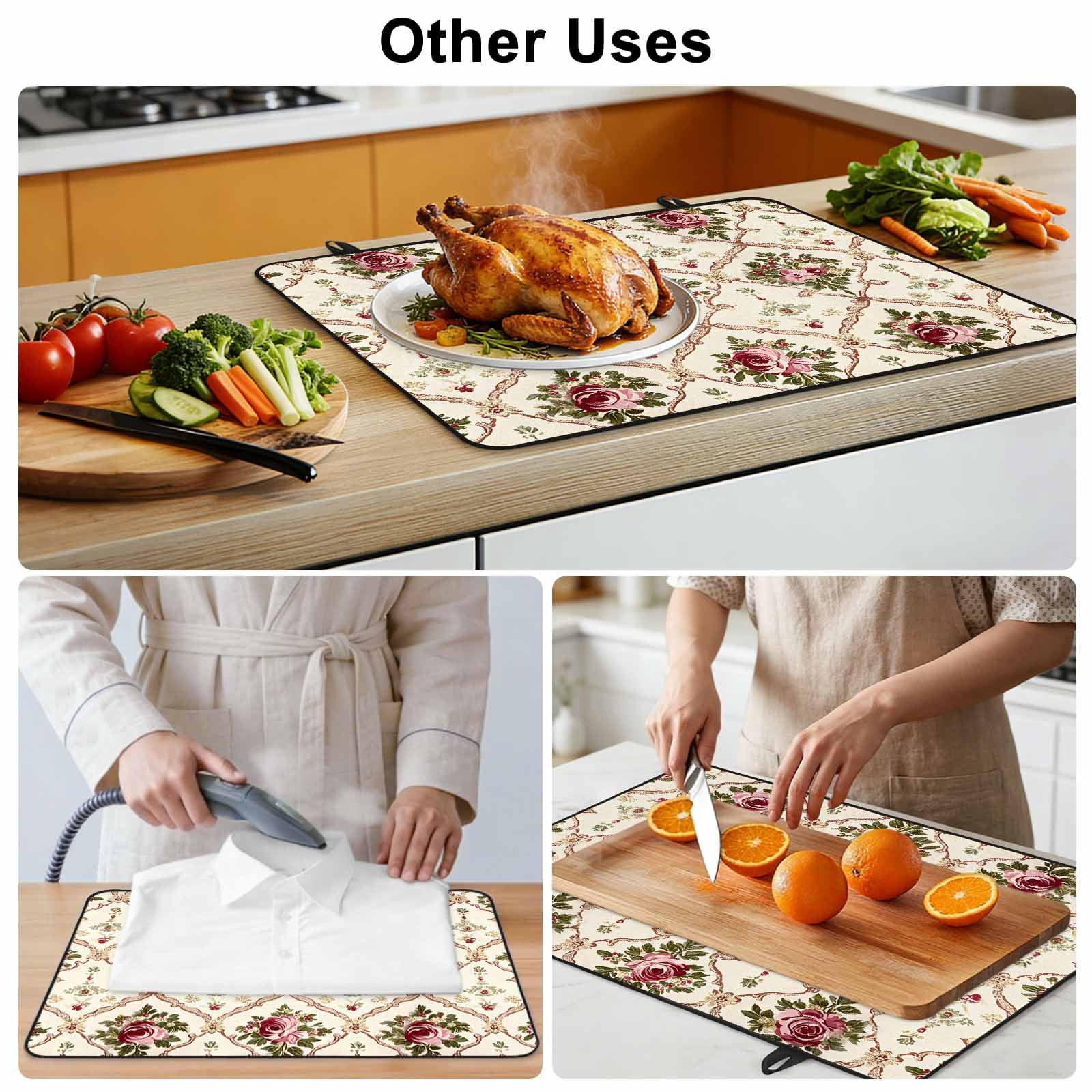 Vintage Pink Red Floral Stove Top Cover for Electric Stove, Heat-proof & Non Slip Glass Top Stove Cover Protector, Farmhouse Flower Green Leaf Kitchen Flat Cooktop Rubber Mat 24x21 Inches