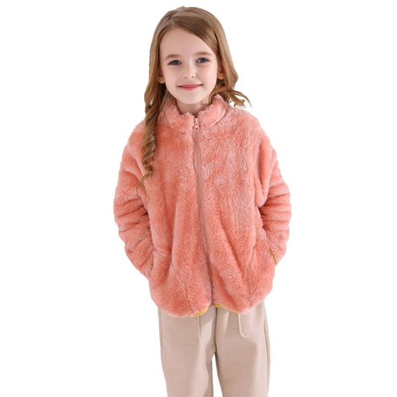 Fleece Jackets Winter Coat Zip Up Long Sleeve Fuzzy Jacket Kids Girl Jackets 8-9 Years