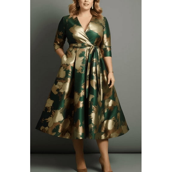 Plus Size Green & Gold Metallic Print Midi Dress, Wrap V-Neck 3/4 Sleeve A-Line Dress with Waist Tie & Pockets