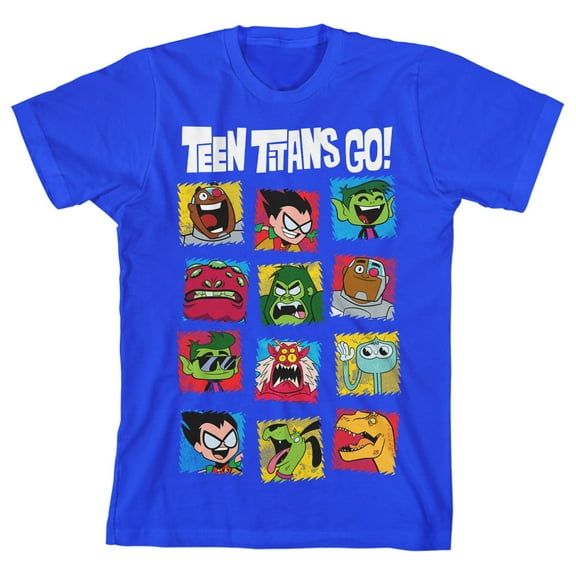 Teen Titans Go Jagged Character Squares Boy's Royal Blue T-shirt-XL