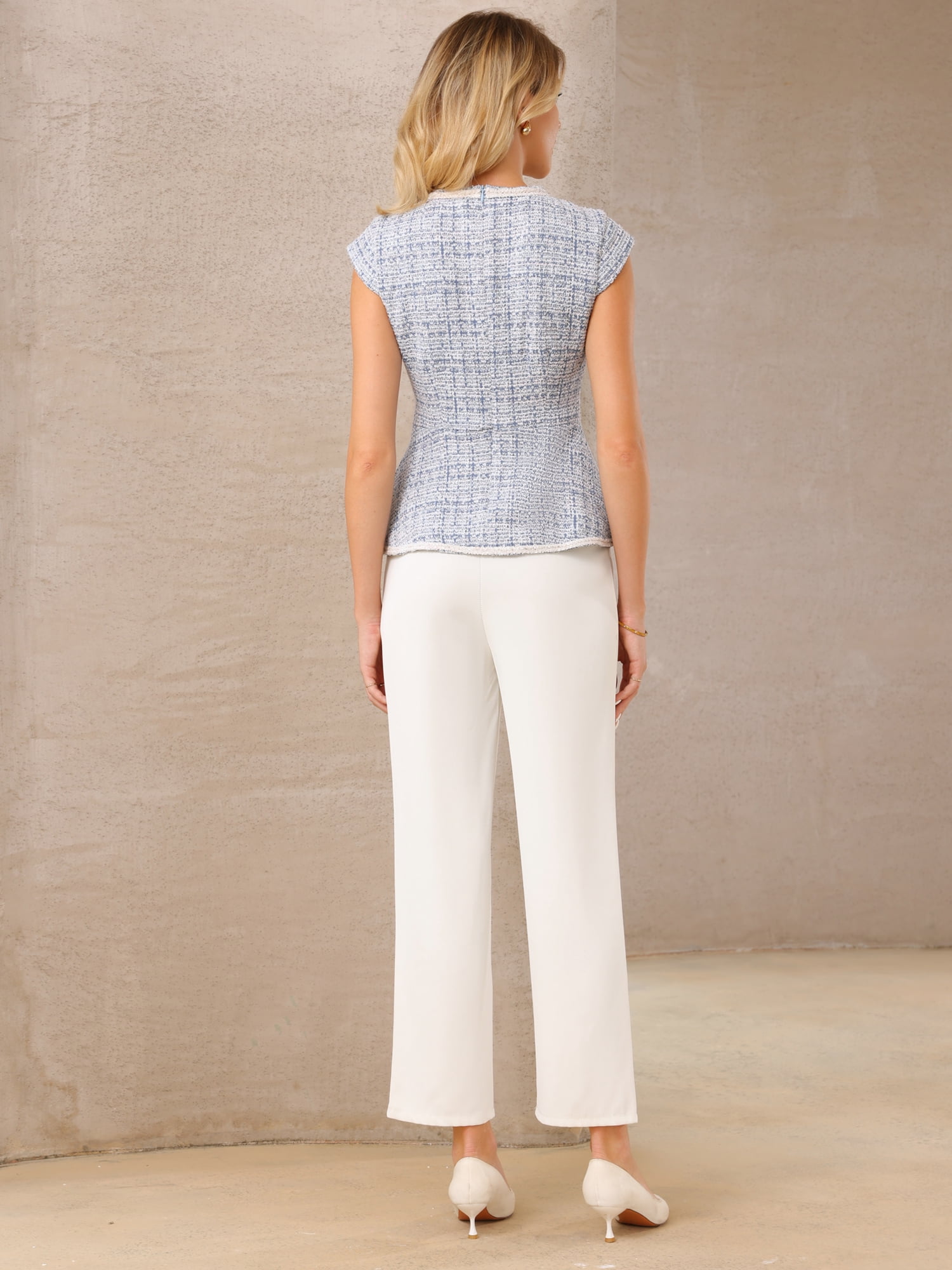 DARING DIVA Women's Elegant Tweed Crew Neck Cap Sleeve Peplum Blouse S Light Blue