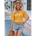 thumbnail image 5 of Womens Blouses Chiffon Hollow Out Short Sleeve V Neck Business Casual Tops Summer Cute Shirt Yellow S, 5 of 8