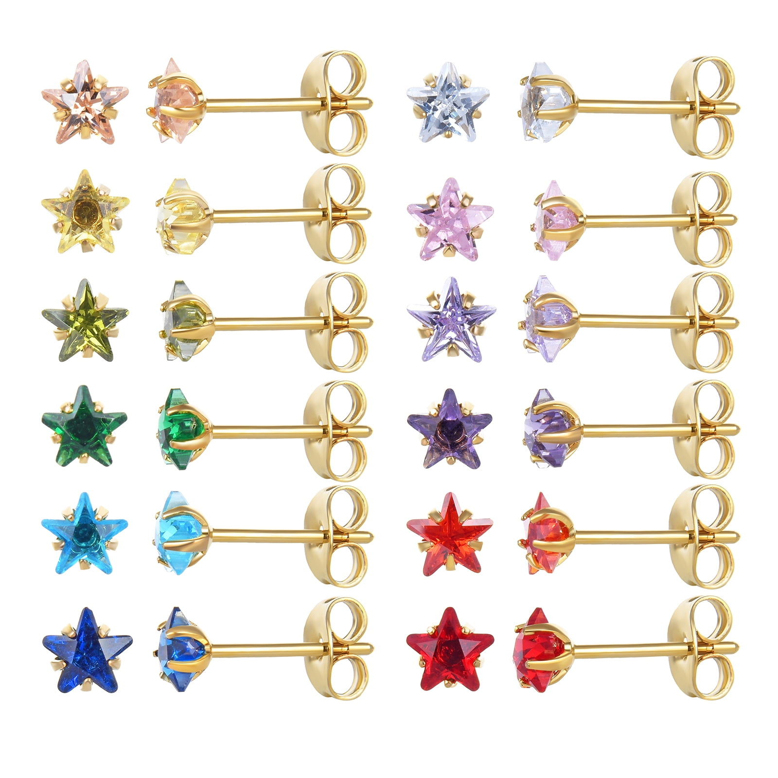 JUSTJANDM 12 Pairs 18K Gold Plated Surgical Stainless Steel Stud Earring, Round Heart Star Square Teardrop Cubic Zirconia Birthstone Stud Earrings Set for Women