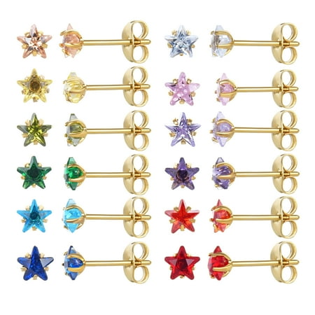 JUSTJANDM 12 Pairs 18K Gold Plated Surgical Stainless Steel Stud Earring, Round Heart Star Square Teardrop Cubic Zirconia Birthstone Stud Earrings Set for Women