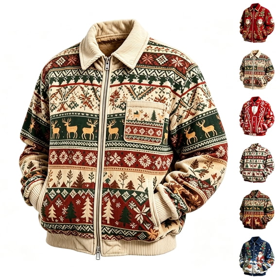 Sorvello Men's Boho Corduroy Christmas Pixel Print Full Zip Jacket Long Sleeve Loose Fit Collared Coat Top Winter Outerwear with Pockets for Men 2026 Deep Red XL