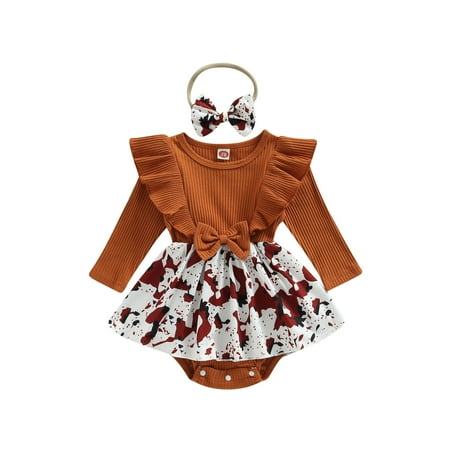 

Meihuida Baby Girls Romper Set Long Sleeve Crew Neck Printed Patchwork Romper with Hairband