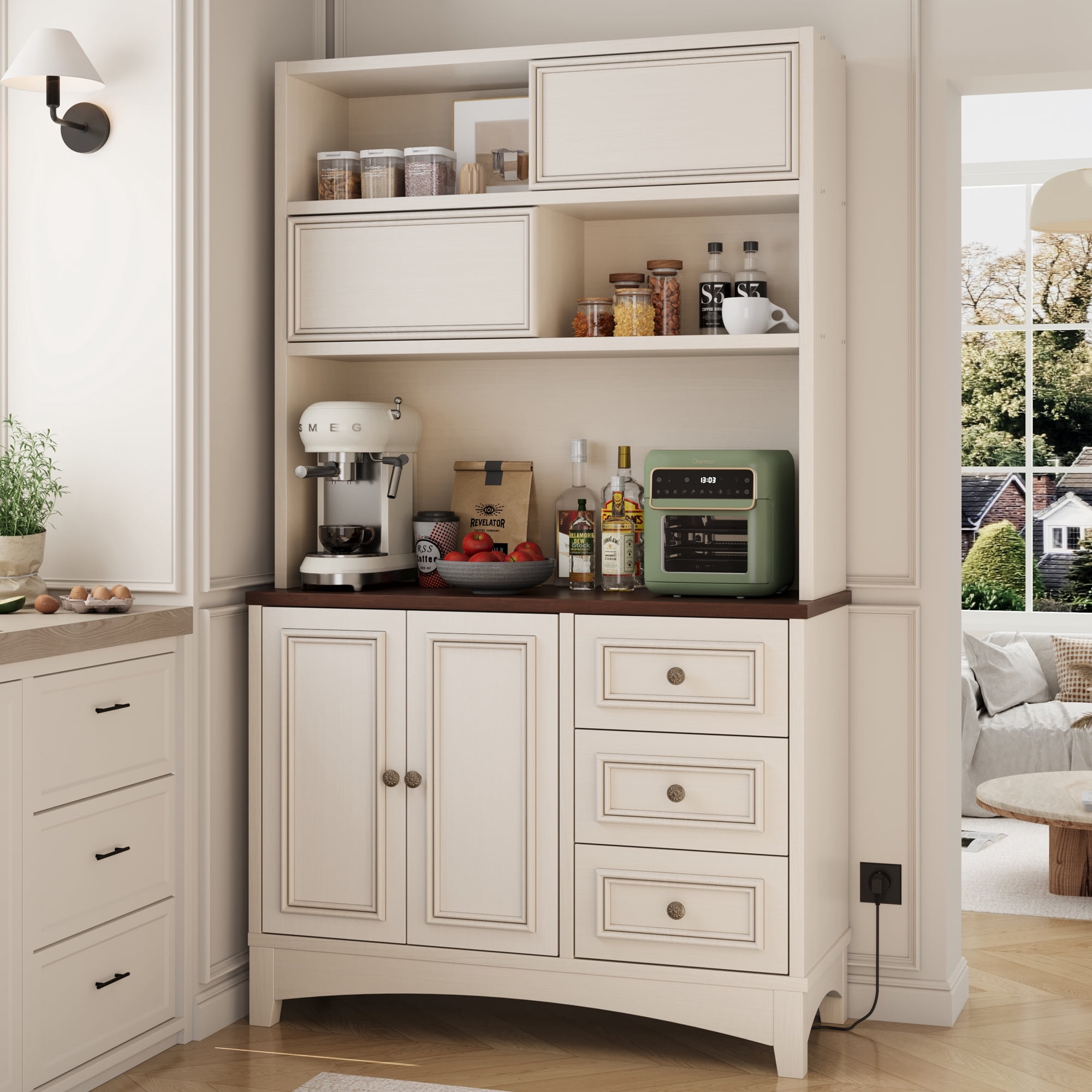 71" Kitchen Pantry with Charging Station, Freestanding Cupboard with Adjustable Shelves, Floor Cabinet for Living Room, Antique White