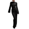 thumbnail image 1 of Vestido liso de manga larga y espalda descubierta para mujer: cuello redondo, mangas acampanadas, tejido de poliéster, corte ajustado, adecuado para ocasiones informales, playa y fiestas., 1 of 8