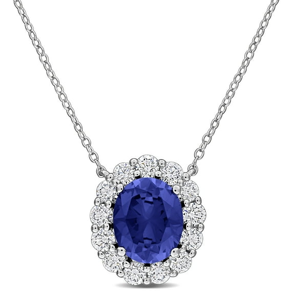 Created Forever Women's Created Blue Sapphire and Lab Grown Diamond Oval Halo Pendant with Chain