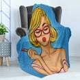thumbnail image 4 of Pin up Girl Soft Flannel Fleece Throw Blanket, Portrait of Blonde Lady with Red Lipstick Cat Eyeglassesnd Round Earrings, Cozy Plush for Indoor and Outdoor Use, 50" x 60", Multicolor, by Ambesonne, 4 of 5