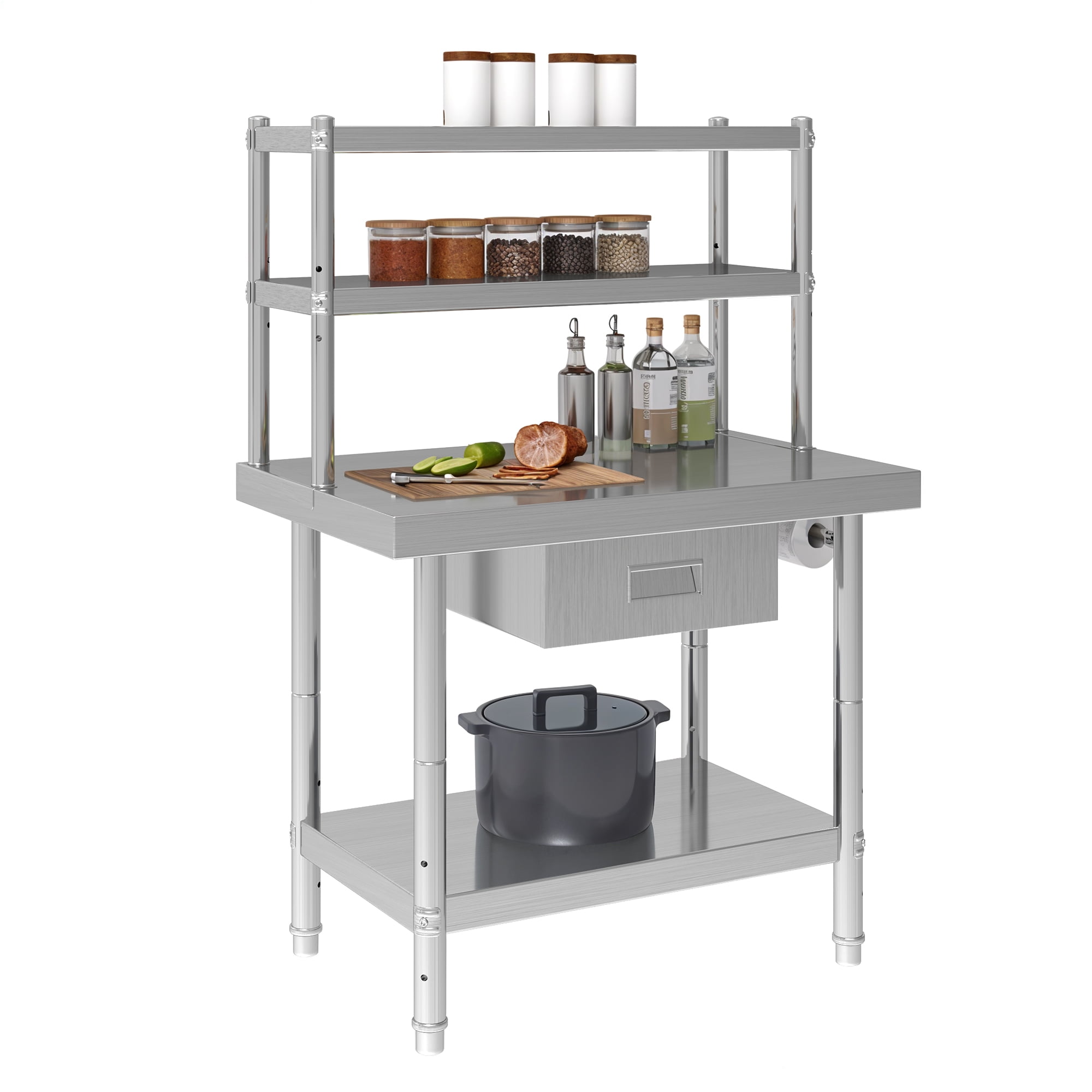 Uforic NSF Stainless Steel Table with Adjustable Height, Storage Rack, Towel Hanging Bar, Overshelves, Drawer, 36" x 24" for Kitchen, Restaurant