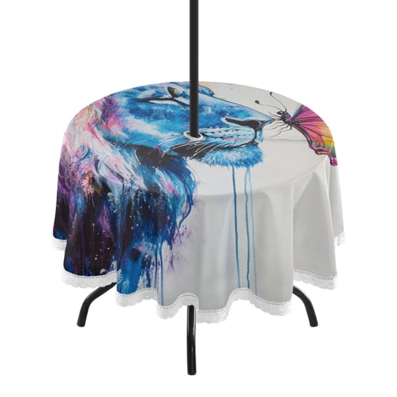 Round Tablecloth 60*60 Inches Round Tablecloth Outdoor Style Tablecloth With Umbrella Holes Tablecloth Outdoor Suitable For Kitchens and Dining Rooms Lion and Butterfly