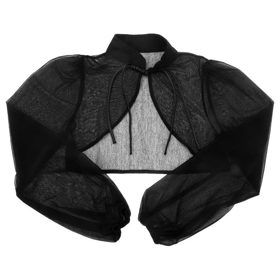 OULII Chinese Style Black Chiffon Shrug Traditional Knot Buttons Comfortable Open Front Top