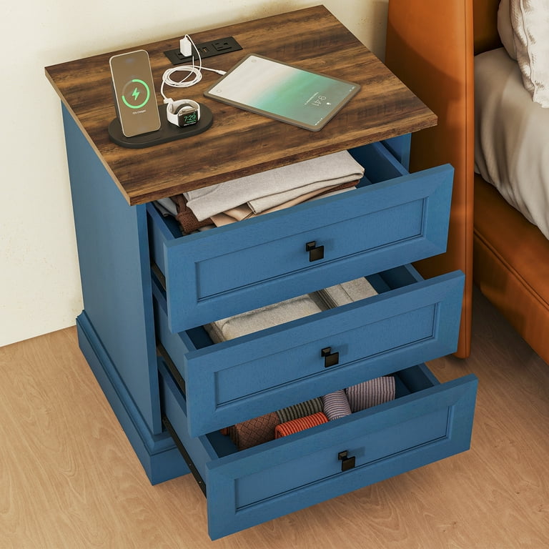 FIAKOA Farmhouse Night Stand with Charging Station, Rustic Bed