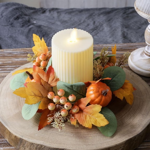 Fall Pumpkin Maple Leaf Berry Candle Ring Wreath, 9.84in Artificial Candle Holder Ring for Thanksgiving Halloween Table Centerpiece Decor