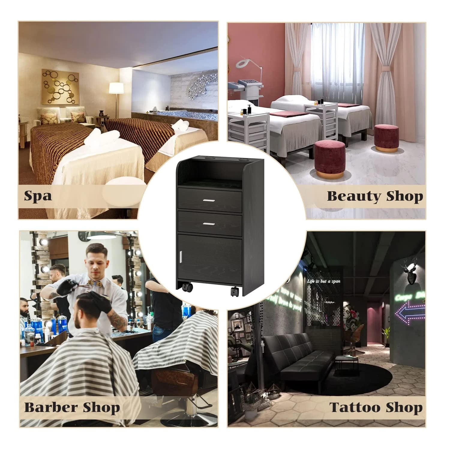 Catrimown Salon Station, Storage Cabinet with 2 Drawers & Large Cabinet, Black