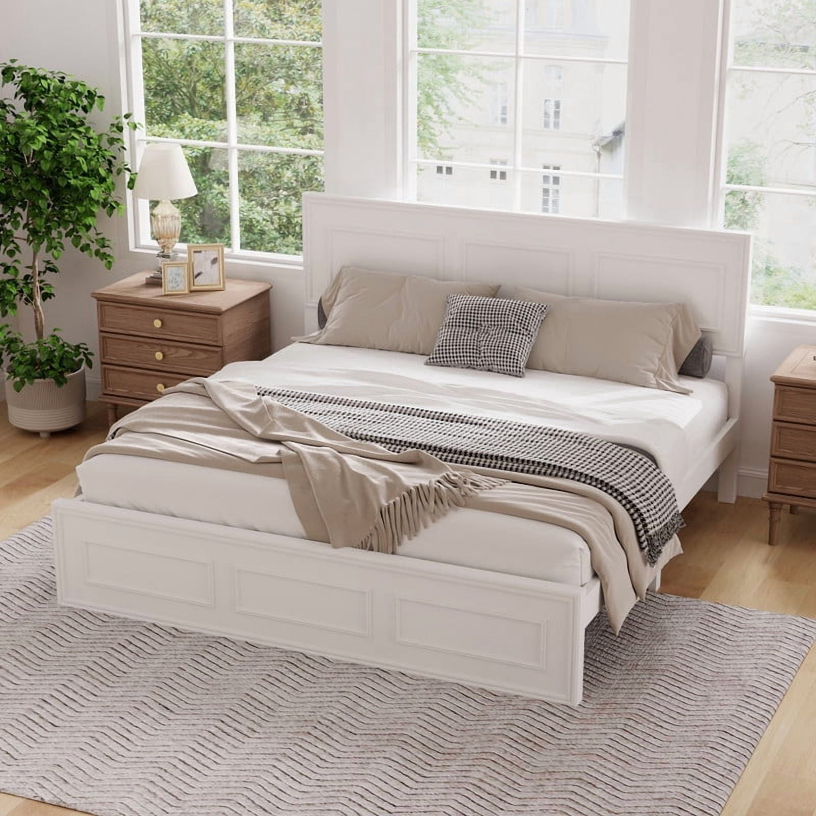 Vintage Queen Size Platform Bed with Adjustable Height Headboard, Wooden Low-Profile Bed Frame with Under-Bed Storage