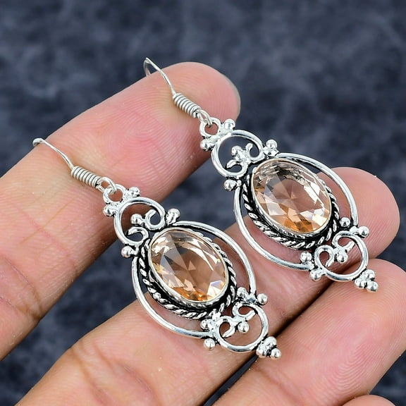 925 Sterling Silver Morganite Gemstone Handmade Jewelry Earring 2.21"