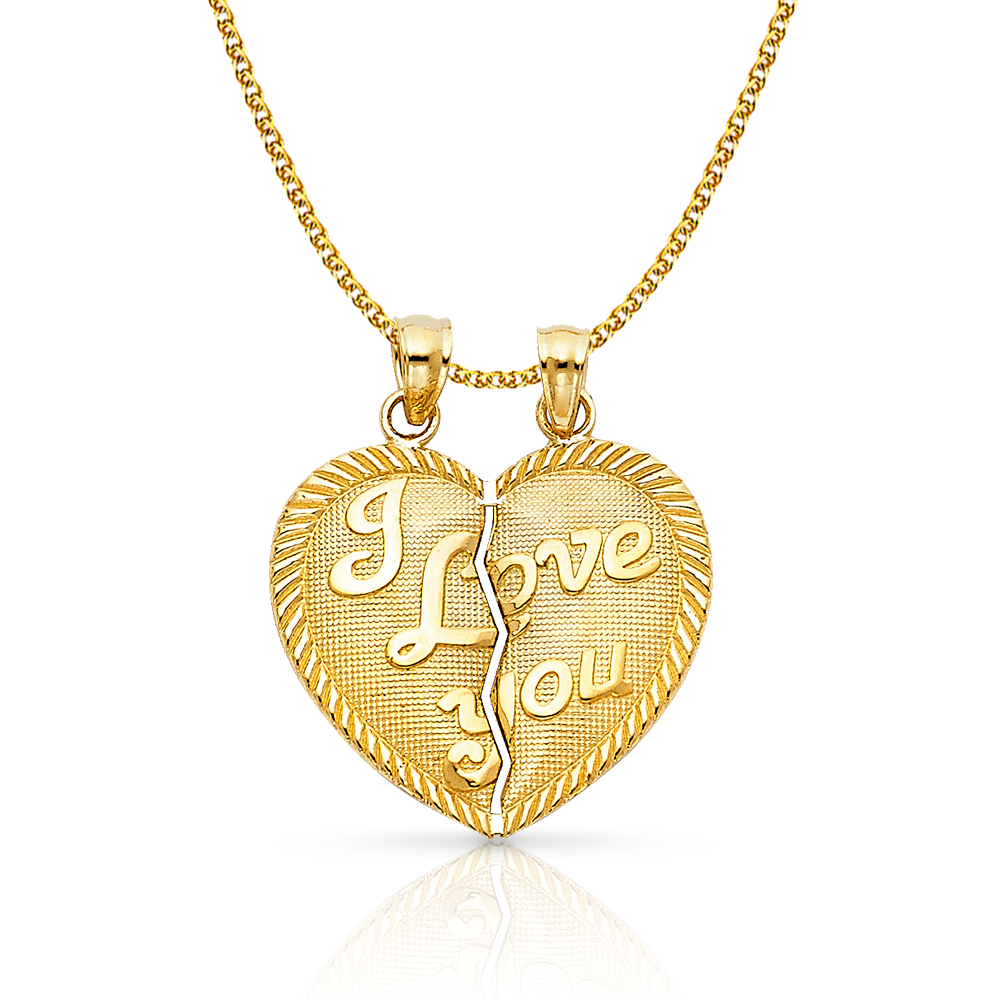 14K Yellow Gold Te Amo Heart 2 Piece Charm Pendant with 1.5mm Flat Open
