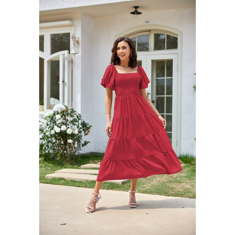 Eternatastic Women Puff Sleeve Square Neck Dresses High Waist A-Line Casual  Backless Midi Dress