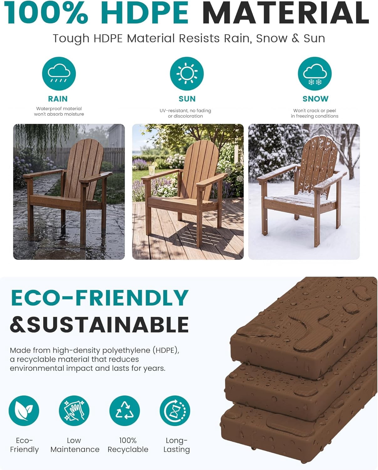 ZJTER Stackable Modern Adirondack Chair, HDPE Outdoor Patio Chair with Space-Saving Design, All-Weather Fire Pit Chair with Widened Seat for Deck, Backyard, Garden, Lawn (Brown)