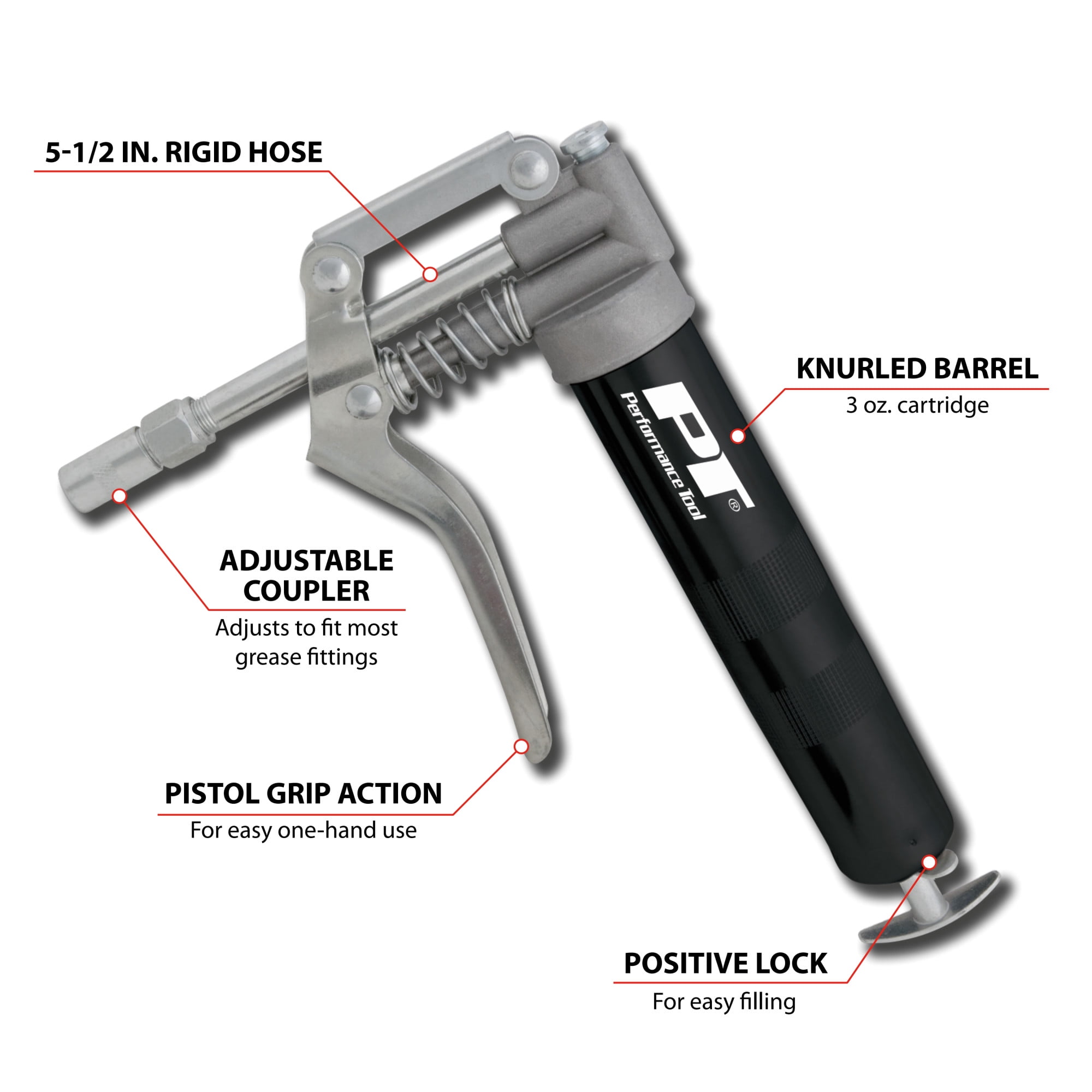 Performance Tool W54200 Heavy Duty Mini Grease Gun With Grease Gun Coupler and Extension Rigid Pipe