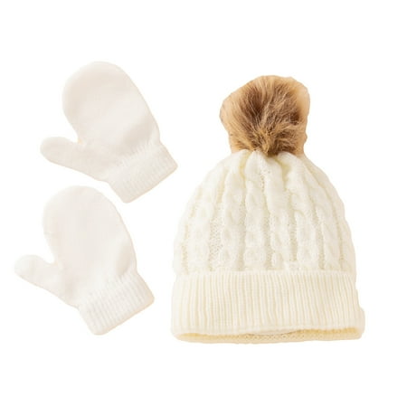 

BIZIZA Toddler Baby Hats Cute Solid Color Beanie Faux Fur Pompom with Scarf Glove Caps for 0-3Y Newborn White One Size