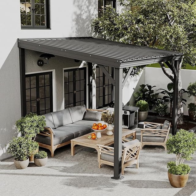 Domi Outdoor Living 8x8FT Lean to Gazebo,Wall-Mounted Hardtop with Galvanized Steel Roof,60MPH Wind Resistance & Drainage System for Deck/Porch/Backyard,Gray