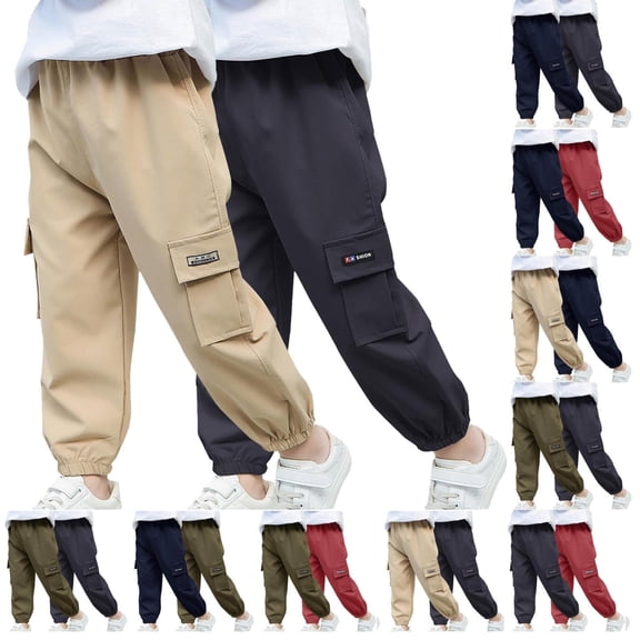 Gamivast Boys' 2-Pack Cargo Pants Elastic Waist Drawstring Casual Trousers Loose Fit Joggers with Side Pockets Comfortable Everyday Playwear