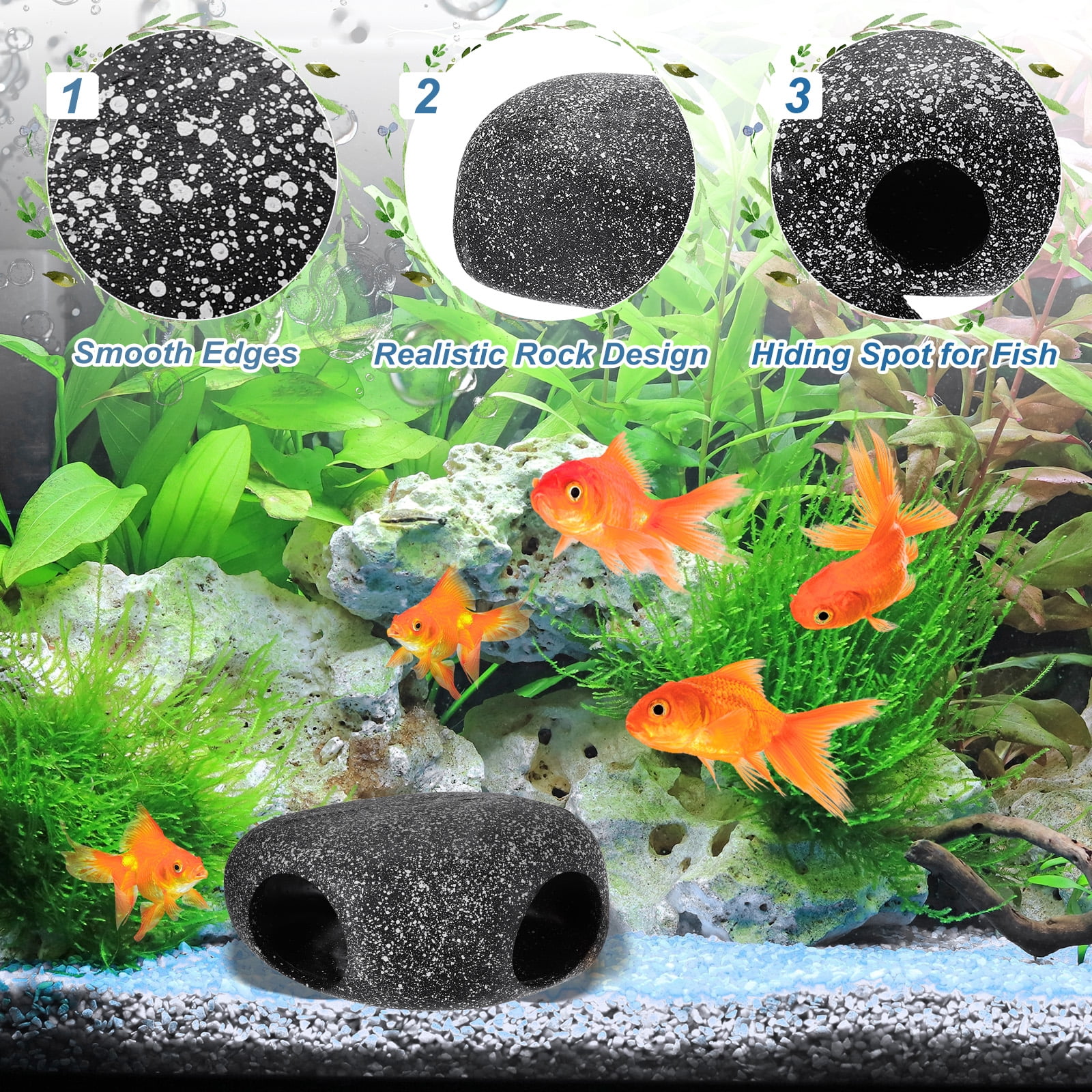 Uxcell Aquarium Decorations Rocks, 6.7x4.7x3.1 Inch Betta Hide Resin Realistic Fish Tank Ornaments, 2Pcs(Grey), Intended for Small Fish / Shrimp / Guppy