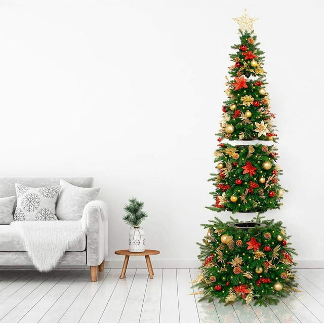 Easy Treezy 7.5 Foot Pre-Lit Douglas Fir Artificial Christmas Tree, Red/Gold