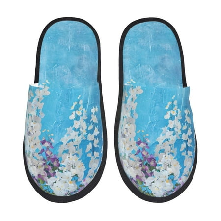 Balery Hanging Orchids Floral Blue Slient Indoor Furry Fleece Comfort House Shoes Soft Non-Slip Home Shoes Cotton slippers House Slippers-- Large
