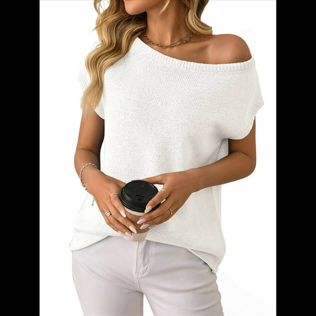 Suéter de Punto de Corta con Hombros Descubiertos para Mujer, Color Crema, Talla L