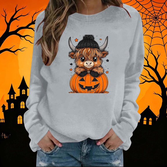 Mifsaly Womens Halloween Sweatshirt Cute Cartoon Cow Pumpkin Graphic Sweaters Long Sleeve Soft Comfortable Loose Fit Pullover Top