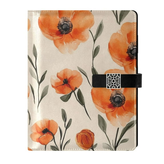 Watercolor Style Orange Flowers Leather Journal Notebook for Men Women A5 Hardcover Notebook with Pockets for Work Business Travel