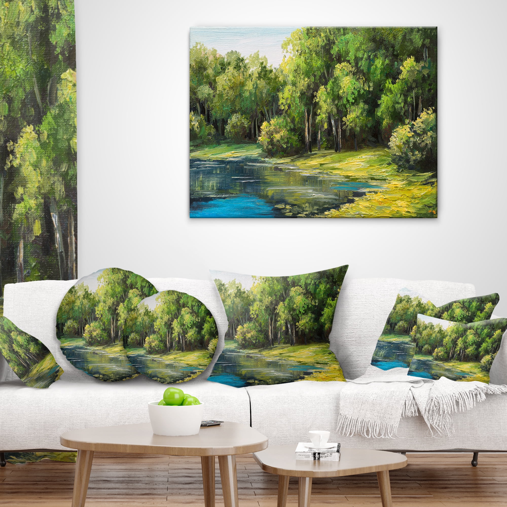 Designart Summer Day Lake in Forest - Landscape Printed Throw Pillow - 16x16