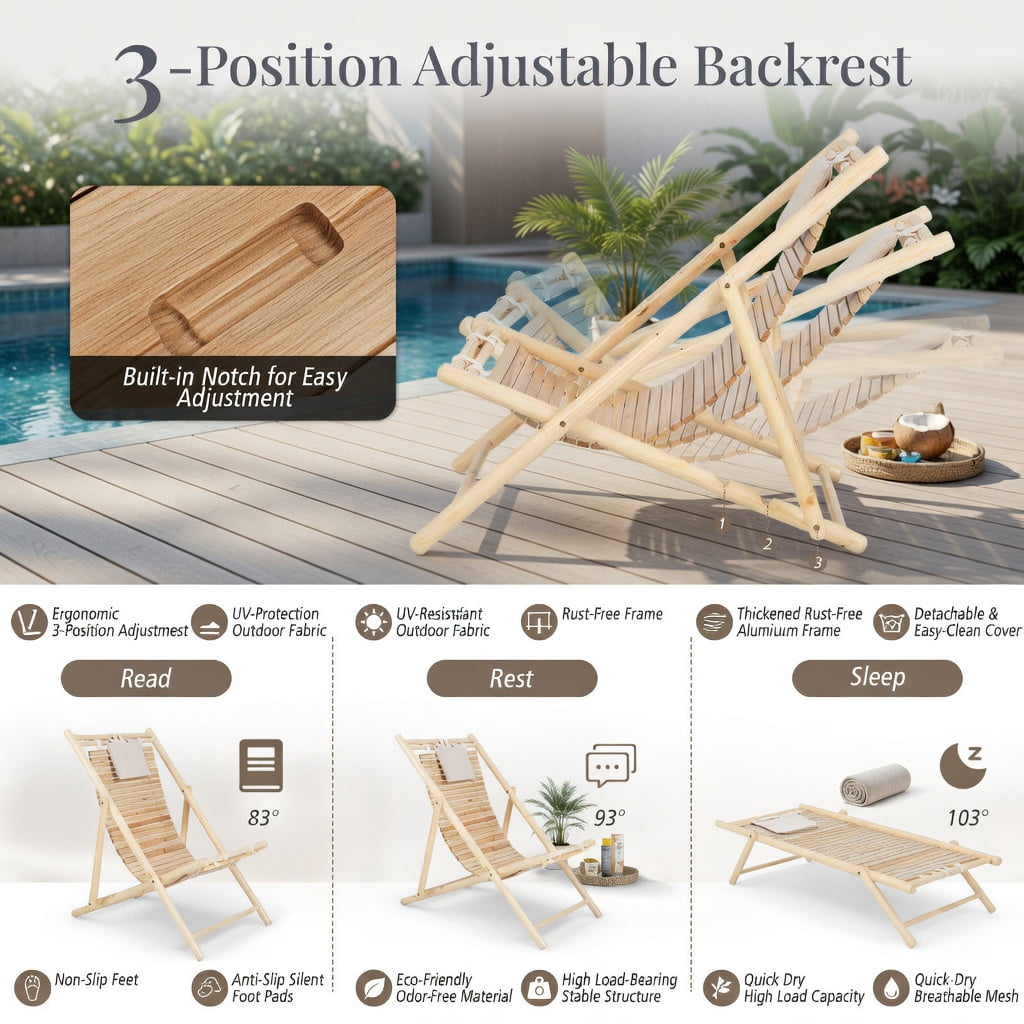 Hommoo Solid Fir Wood Folding Lounge Chair with 3-Position Adjustable Backrest & Plush Padded Headrest, for Patio, Backyard, Porch, Natural
