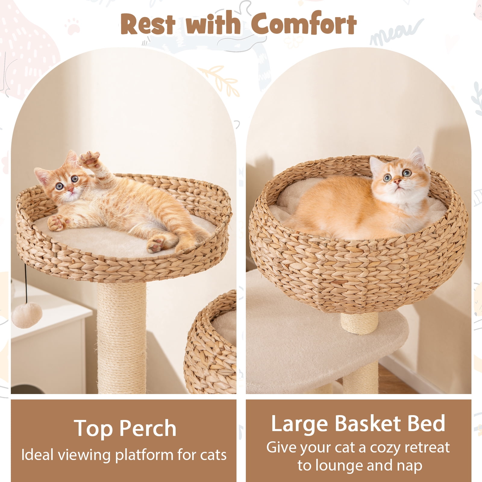 Gymax 41'' Hand-Made Cat Tree Tower Natural Bowl Shaped w/ 2 Perch