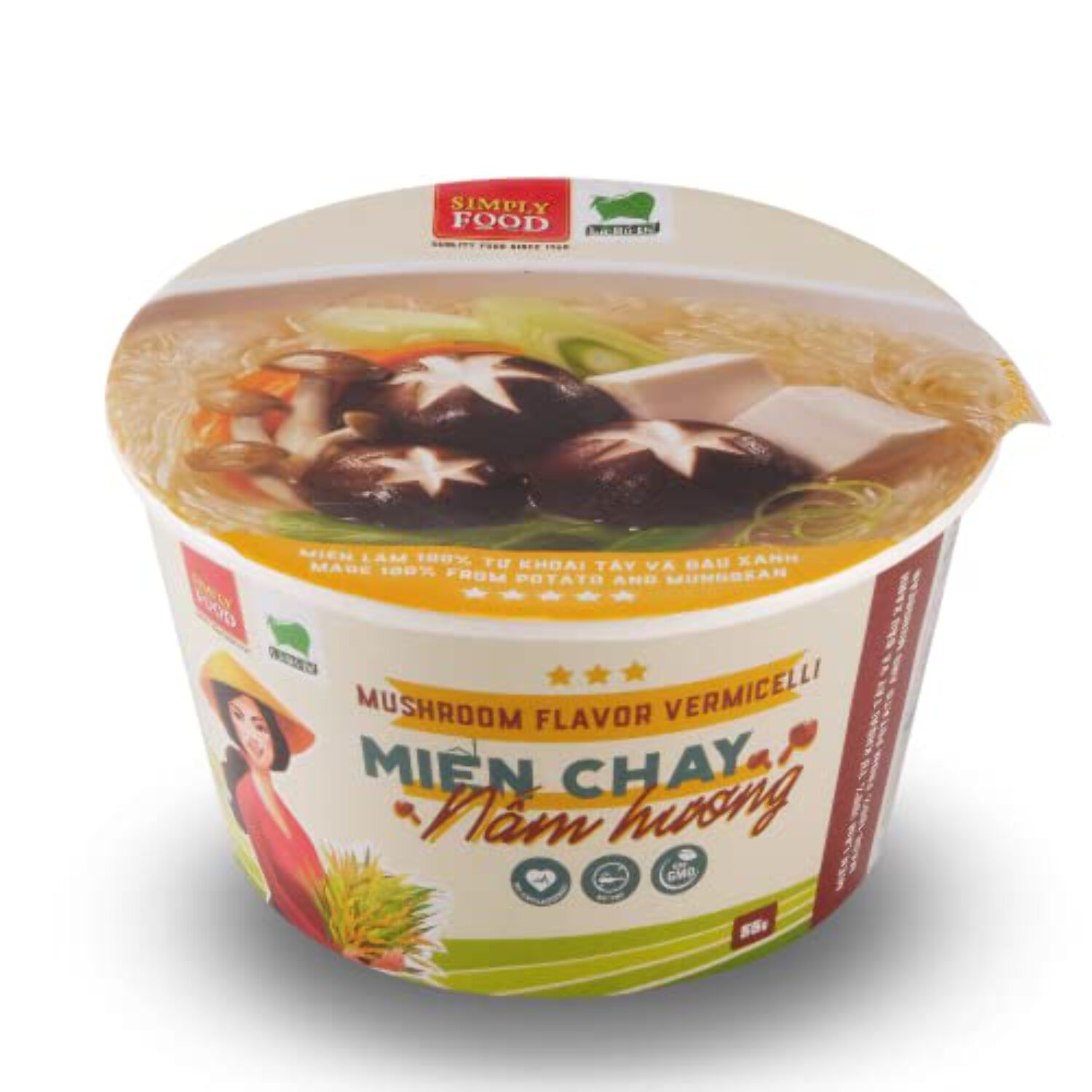Instant Mushroom Glass Noodle (9 Bowls/Box): $1.99 per Bowl (55g), Fork Included by Simply Food