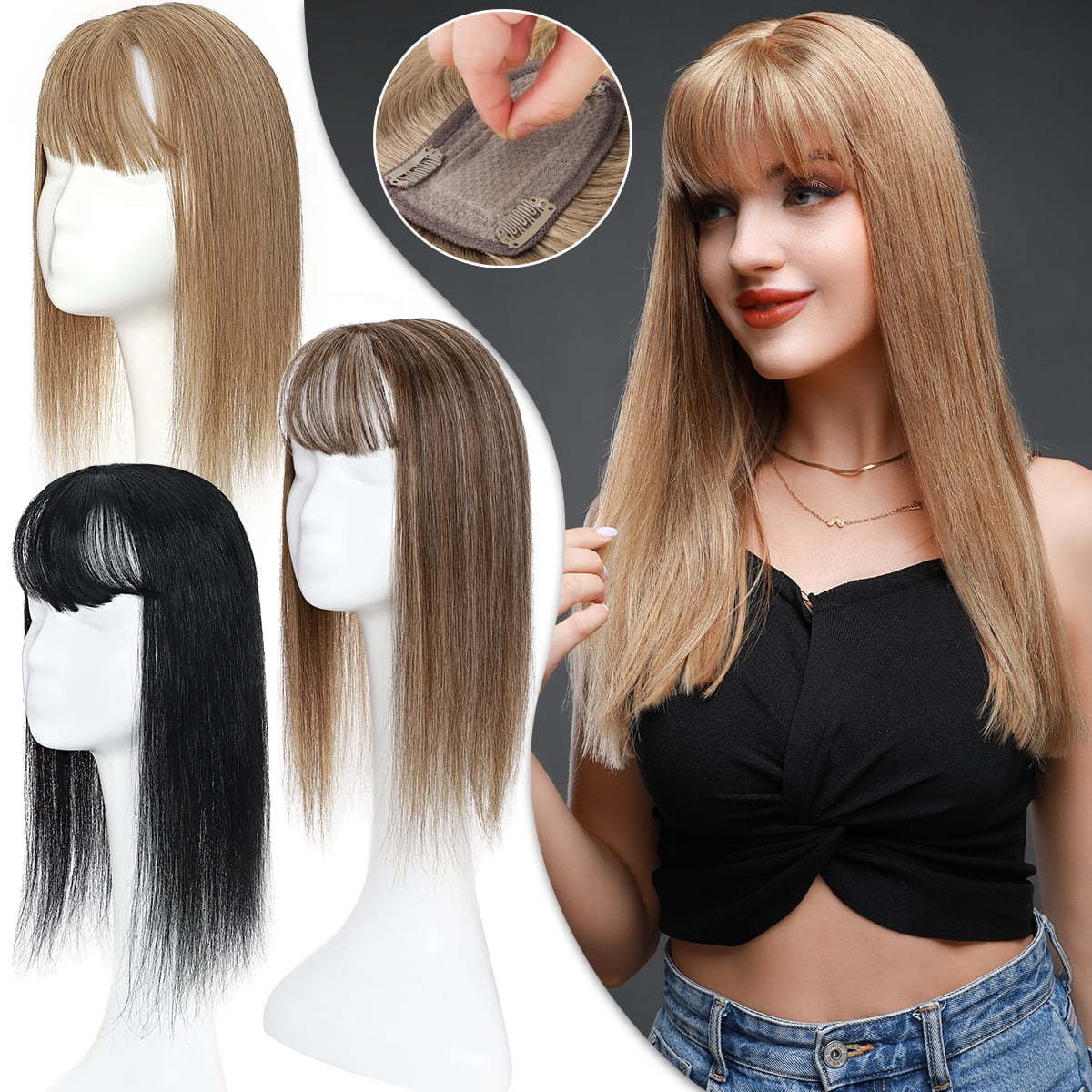 SEGO Hair Toppers for Thinning Hair Bangs Clip in Real Human Hair  Extensions Middle Part Hair Piece for Woman Natural Black 