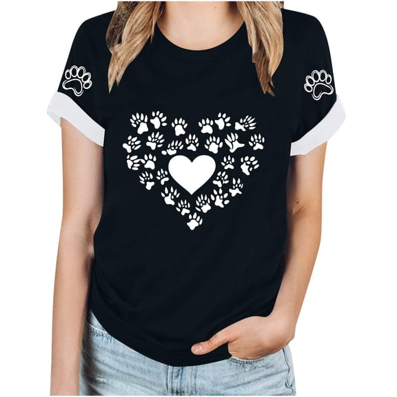TKLPEHG Western Tops For Women Short Sleeve T Shirts Crew Neck Fashion Casual Loose Dog Paw Print Graphic Tee Summer Comfy Outfits (Black,L)
