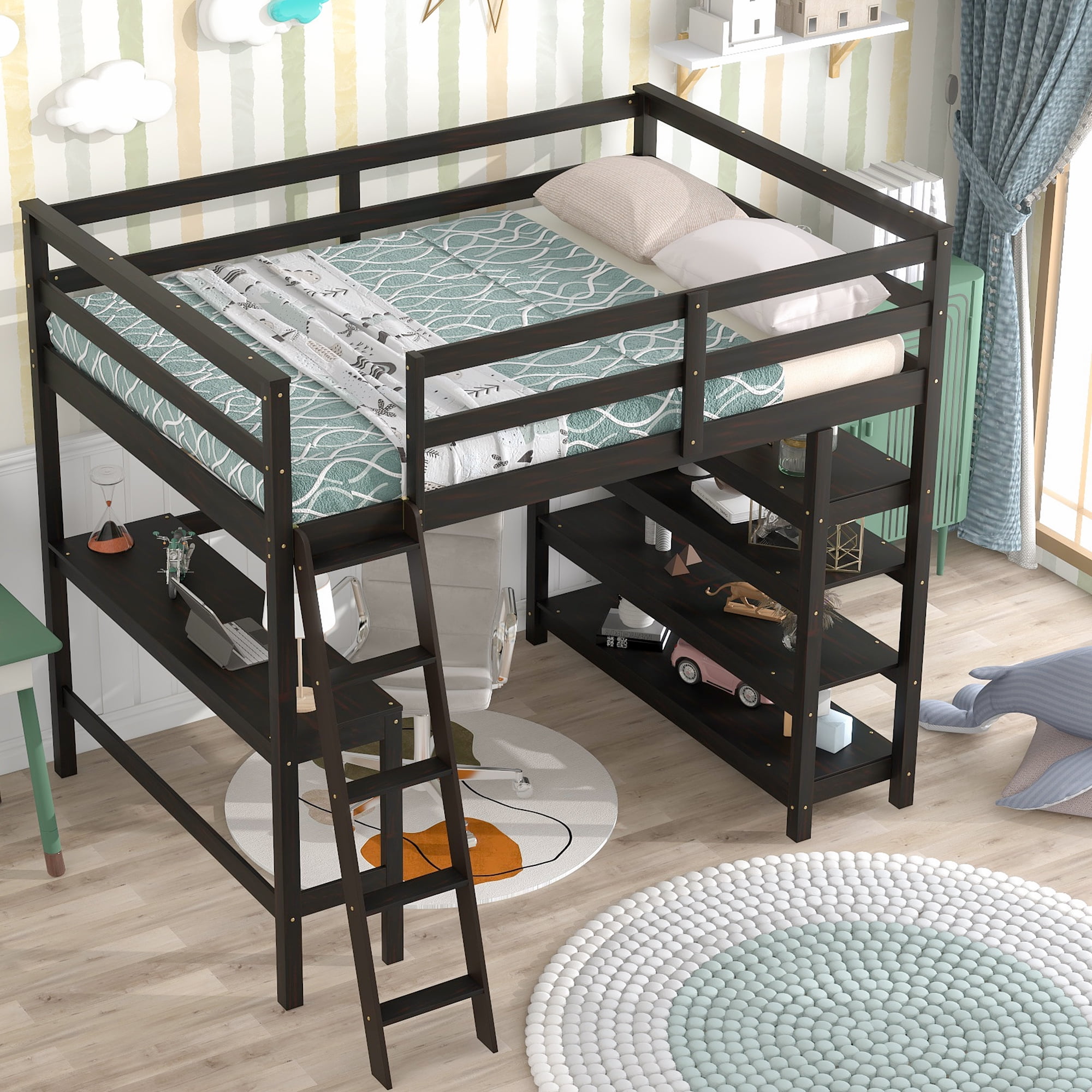 Wood Full Loft Bed with Desk, Full Size Loft Bed with 4 Tier Storage ...