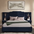 thumbnail image 5 of Queen Size Upholstered Bed Frame with Velvet Fabric, Vertical Stripe Design with Buttons, Headboard and Bedside Table - No Box Spring Needed (Dark Blue), 5 of 9