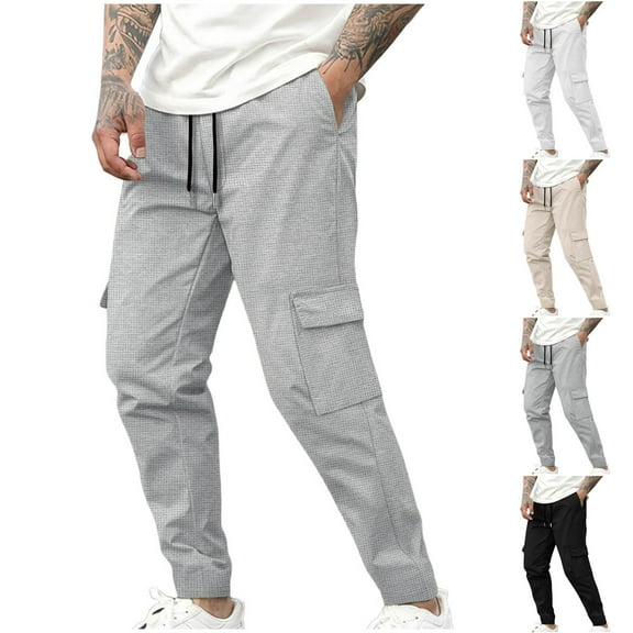 Fengqque Men's Casual Cargo Joggers Pants Waffle Stretch Elastic Waist Drawstring Tapered Sweatpants with Pockets White XL(XL)