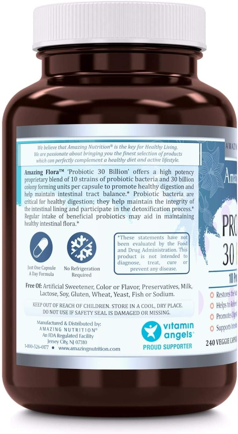Amazing Flora Probiotic 10 Best Probiotics Strains 30 Billion 240 Veggie Capsules Supplement | Supports Better Digestive & Gut Health | Non-GMO | Gluten Free | Suitable for Vegetarians | Made in USA