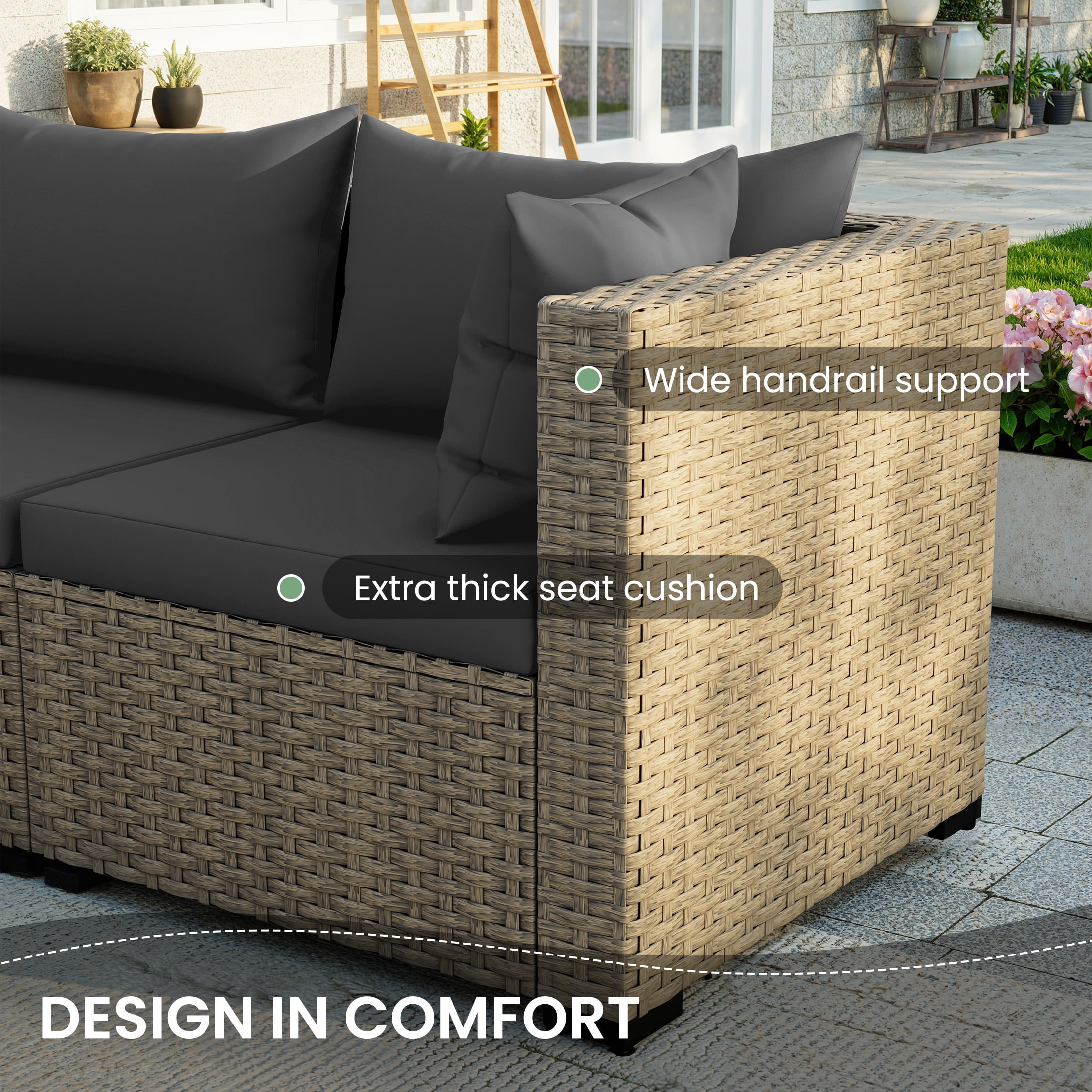POTEBAN Patio Furniture Set, 7-Piece Outdoor Sectional All-Weather Wicker Patio Conversation Set for Backyard (Gray Cushions with Gray Rattan)