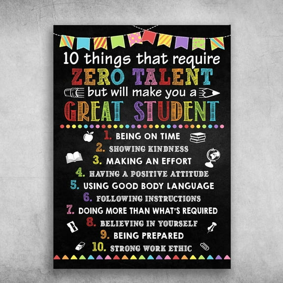 Classroom Rules, 10 Things That Require Zero Talent, But Will Make You A Great Student, Being On Time 11 x 17 Inch Poster