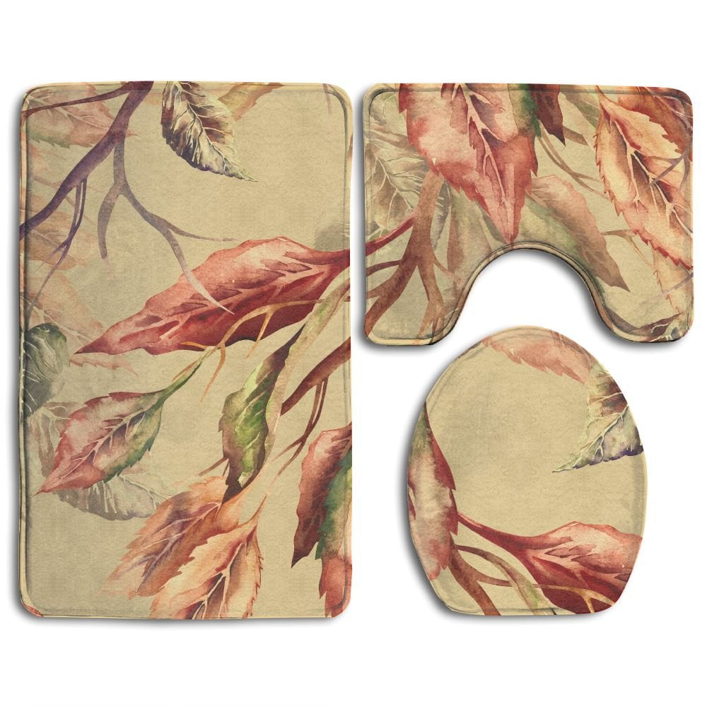 CHAPLLE Fall Leaves Seamless Beige 3 Piece Bathroom Rugs Set Bath Rug ...